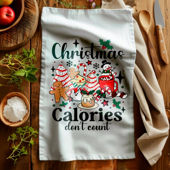 Christmas Calories Don't Count Tea Towel - Festive Holiday Kitchen Cloth