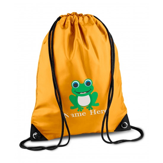 Personalised Frog Gym Bag, Embroidered Kids Drawstring Bag, Children's School PE Bag, Swim Bag | Premium Bag Customise with any Name