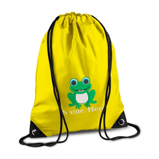 Personalised Frog Gym Bag, Embroidered Kids Drawstring Bag, Children's School PE Bag, Swim Bag | Premium Bag Customise with any Name