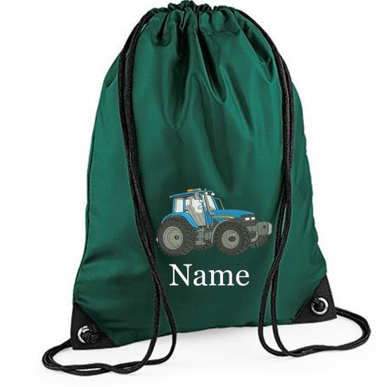 Personalised Embroidered Blue Tractor Drawstring Gym Bag