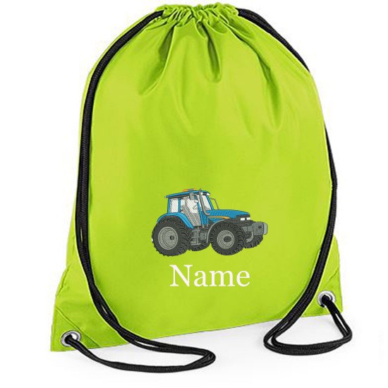 Personalised Embroidered Blue Tractor Drawstring Gym Bag