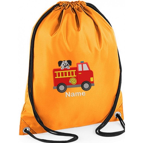 Personalised Fire Engine Gym Bag, Embroidered Kids Drawstring Bag, Children's School PE Bag, Swim Bag | Premium Bag Customise with any Name