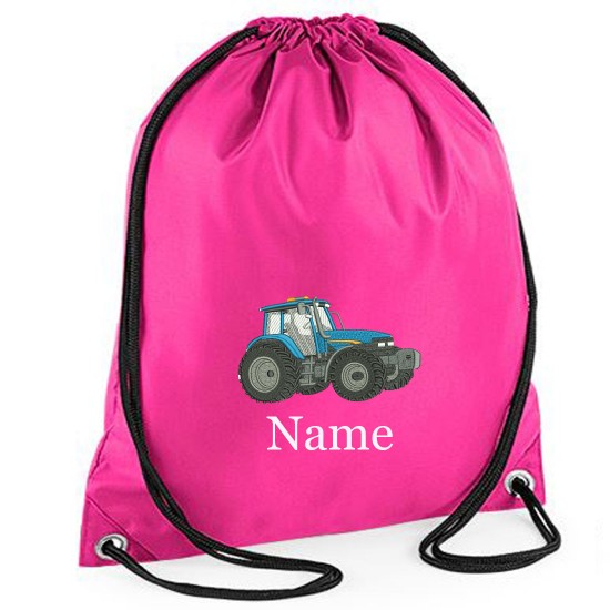 Personalised Embroidered Blue Tractor Drawstring Gym Bag