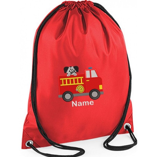 Personalised Fire Engine Gym Bag, Embroidered Kids Drawstring Bag, Children's School PE Bag, Swim Bag | Premium Bag Customise with any Name