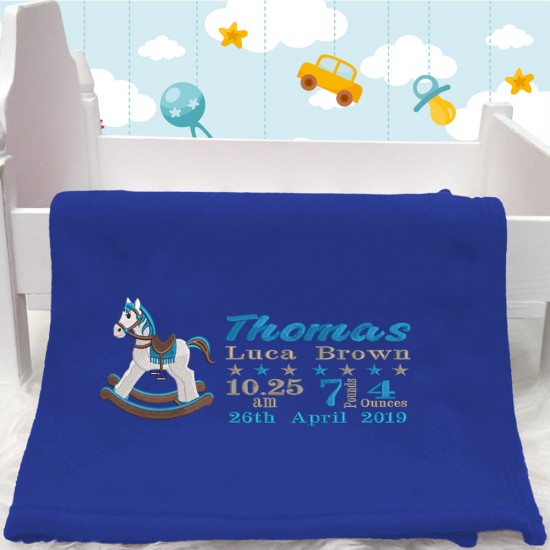 Blue Rocking Horse Baby Blanket With Birth Block