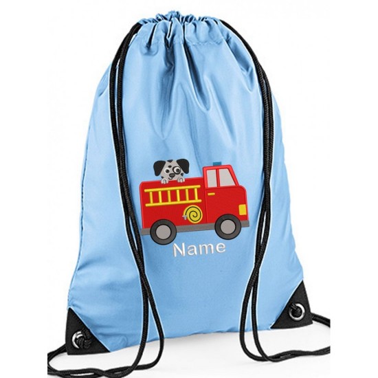 Personalised Fire Engine Gym Bag, Embroidered Kids Drawstring Bag, Children's School PE Bag, Swim Bag | Premium Bag Customise with any Name