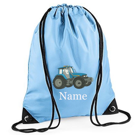 Personalised Embroidered Blue Tractor Drawstring Gym Bag