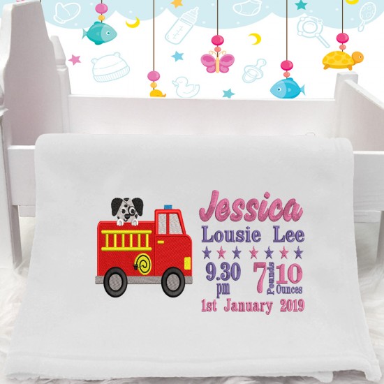 Personalised Fire Engine Baby Blanket (Birth Block)