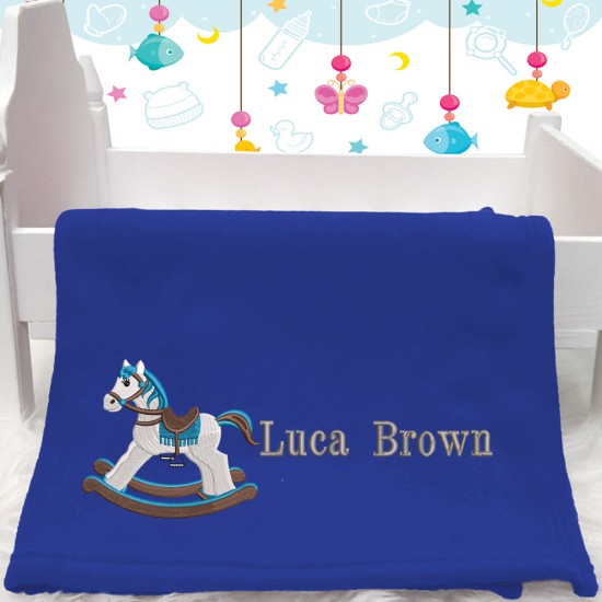 Blue Rocking Horse Baby Blanket With Birth Block