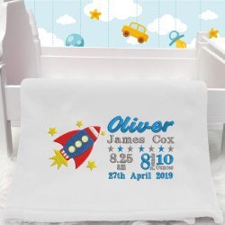 Personalised Embroidered Space Rocket Baby Blanket (Birth Block)