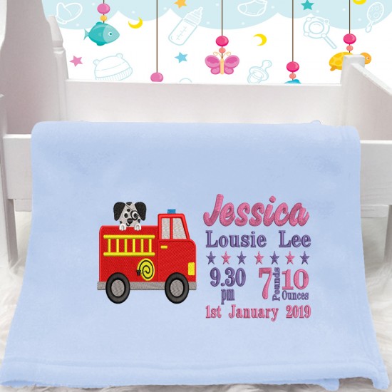 Personalised Fire Engine Baby Blanket (Birth Block)