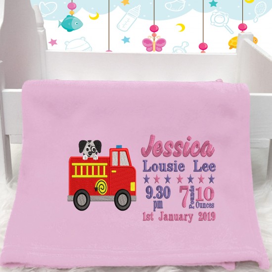 Personalised Fire Engine Baby Blanket (Birth Block)