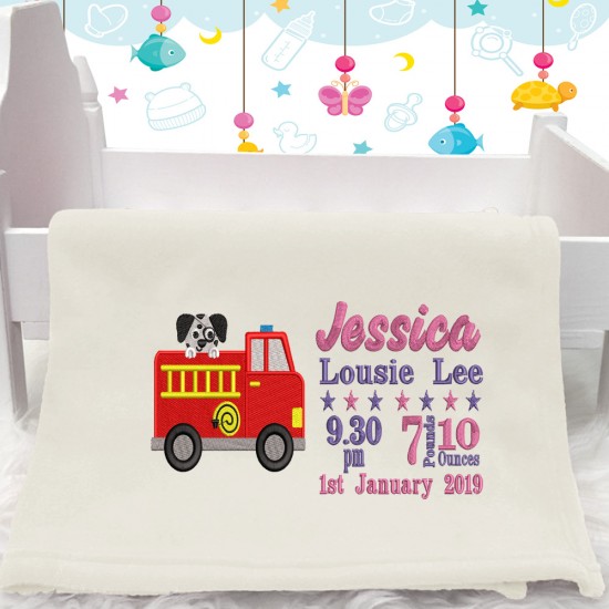 Personalised Fire Engine Baby Blanket (Birth Block)