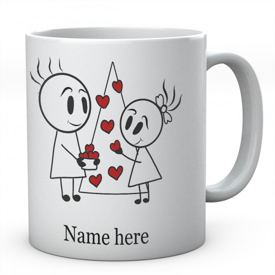 Stick People Putting Hearts On Tree Together Valentine Personalised Ceramic Mug