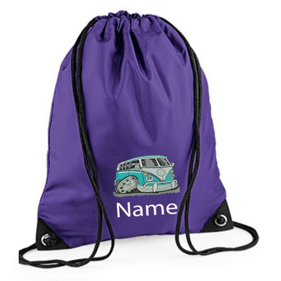  Embroidered Blue Camper Van Drawstring Gym Bag