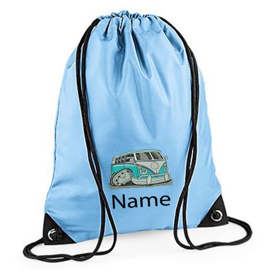  Embroidered Blue Camper Van Drawstring Gym Bag