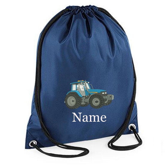 Personalised Embroidered Blue Tractor Drawstring Gym Bag