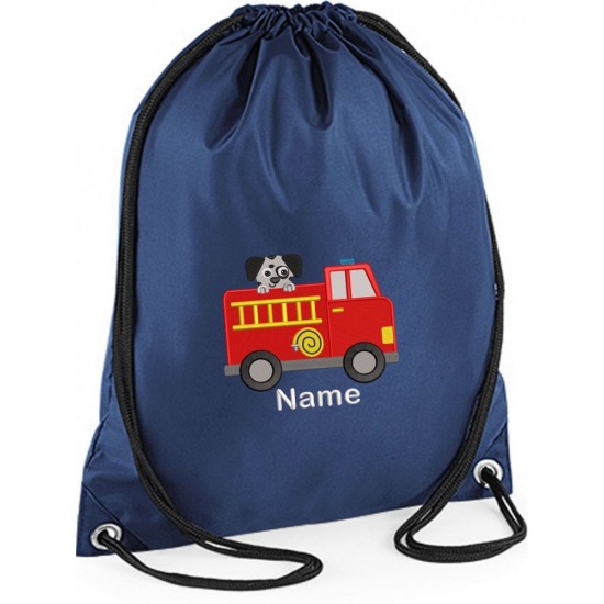 Personalised Fire Engine Gym Bag, Embroidered Kids Drawstring Bag, Children's School PE Bag, Swim Bag | Premium Bag Customise with any Name