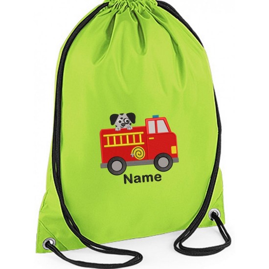 Personalised Fire Engine Gym Bag, Embroidered Kids Drawstring Bag, Children's School PE Bag, Swim Bag | Premium Bag Customise with any Name