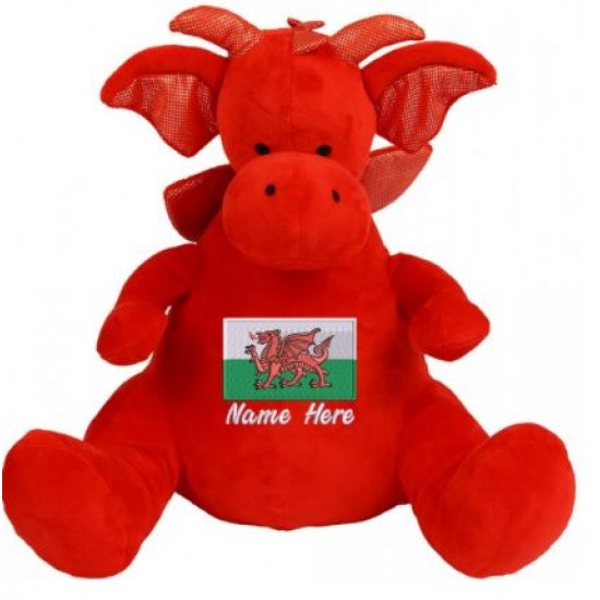 Personalised Red Dragon Teddy Bear with Welsh Flag