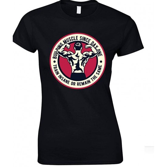  Building Muscle Since Day One Train Insane Or Remain The Same-Ladies T Shirt 