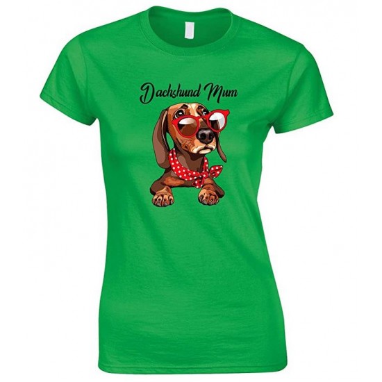  Funny Cute Dachshund Wearing Red Glasses Dog Mum-Ladies T Shirt 