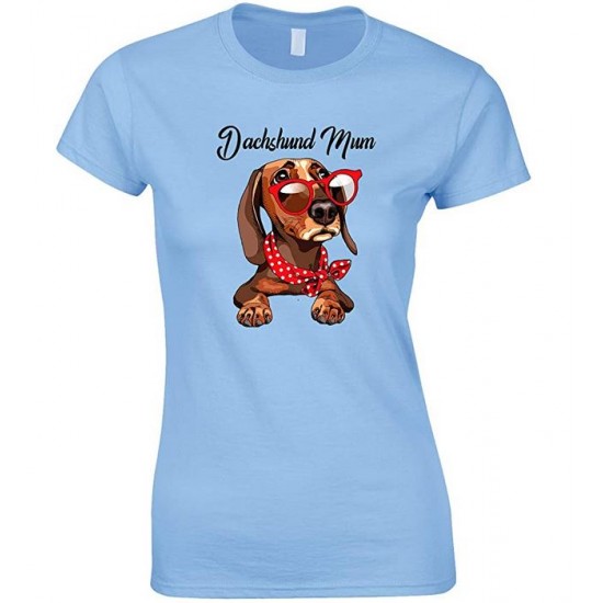  Funny Cute Dachshund Wearing Red Glasses Dog Mum-Ladies T Shirt 