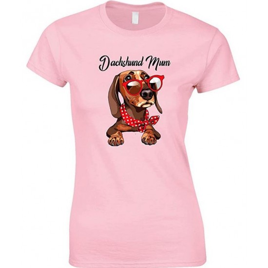  Funny Cute Dachshund Wearing Red Glasses Dog Mum-Ladies T Shirt 