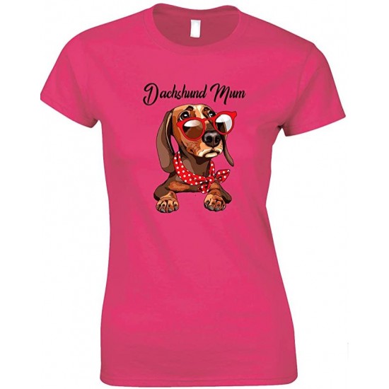  Funny Cute Dachshund Wearing Red Glasses Dog Mum-Ladies T Shirt 