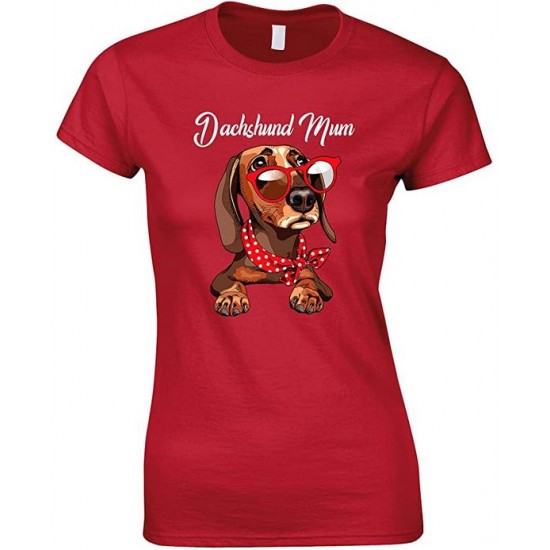  Funny Cute Dachshund Wearing Red Glasses Dog Mum-Ladies T Shirt 